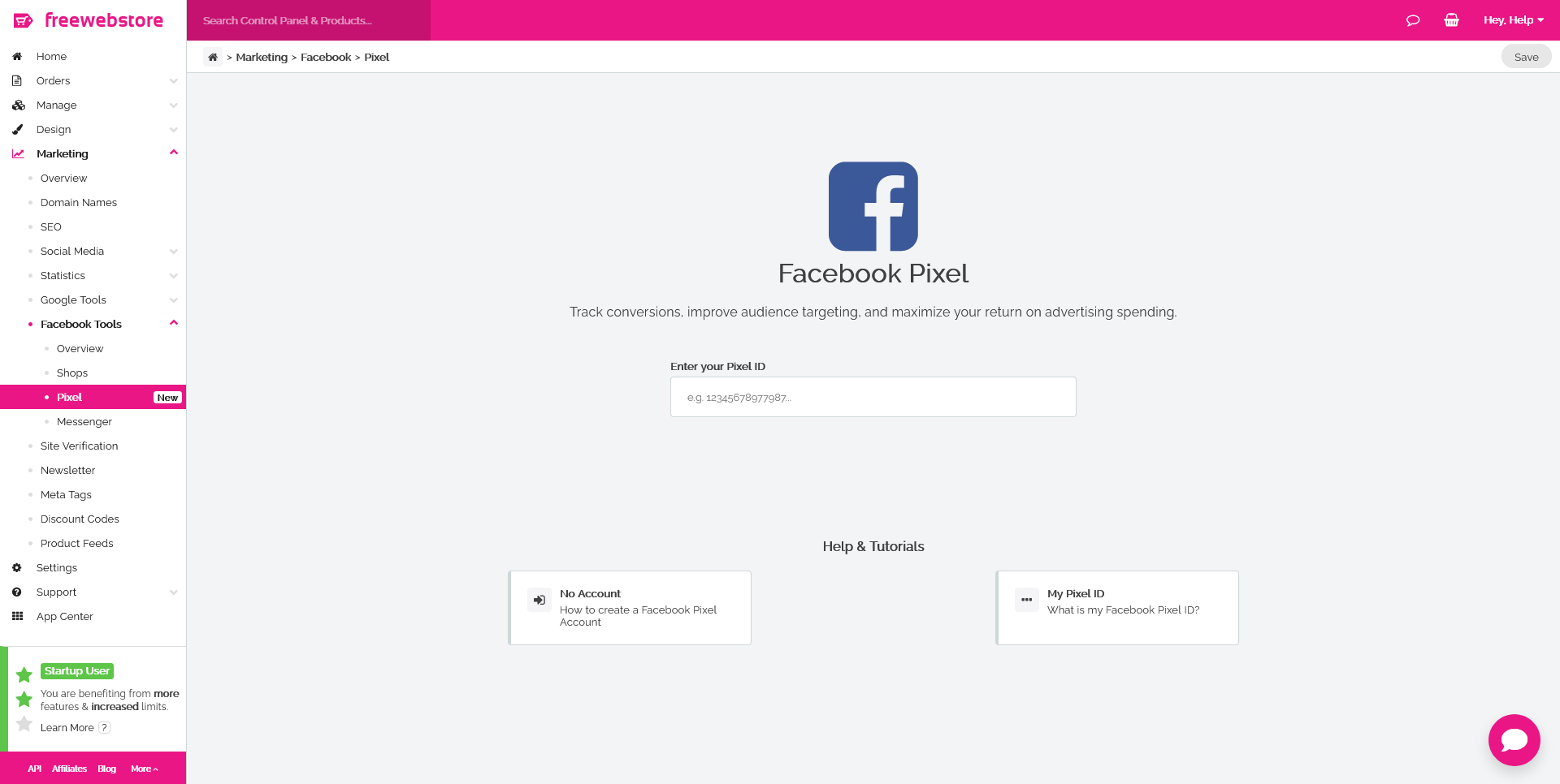 Facebook Pixel in the freewebstore Control Panel